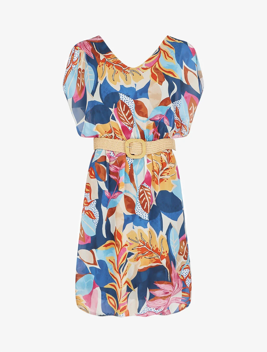 Robe En Voile élastiquée à Imprimé Fantaisie - Bleu 3 Robe En Voile élastiquée à Imprimé Fantaisie - Bleu