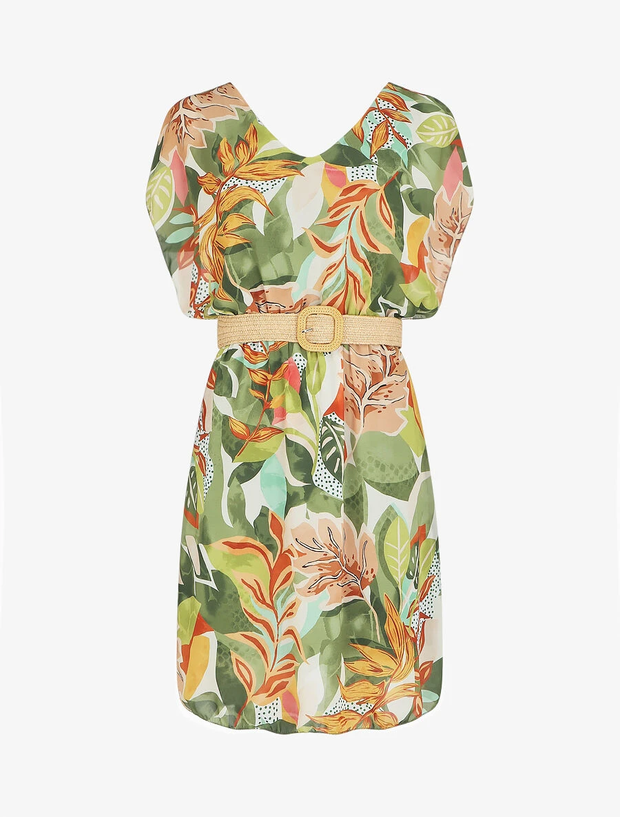 Robe En Voile élastiquée à Imprimé Fantaisie - Vert 3 Robe En Voile élastiquée à Imprimé Fantaisie - Vert