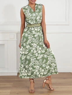 Robe Longue Imprimé Fleuri à Taille élastiquée Irisée - Kaki -DADA Vetements Magasin MAX 6064 8