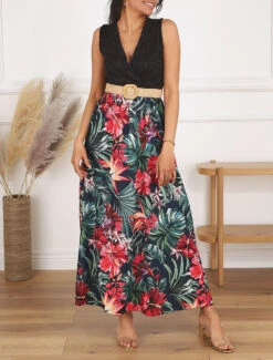 Robe Longue Bicolore Imprimé Fleurs Tropicales - Marine -DADA Vetements Magasin MAX 6197 8