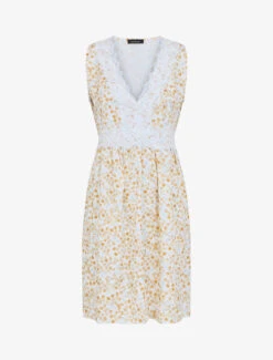 Robe Mi-longue Sans Manches Motif Feuilles - Beige