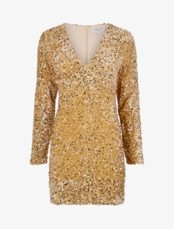 Robe Courte En Velours à Sequins - Beige