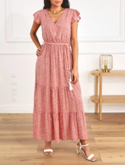 Robe Longue à Mancherons Imprimé Tulipe - Rose -DADA Vetements Magasin RUBY 1875 8