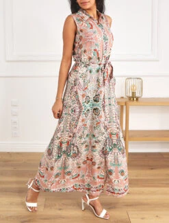 Robe Longue Sans Manches Imprimé Fleurs Stylisées - Rose -DADA Vetements Magasin RUBY 1974 8