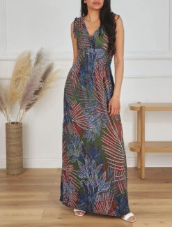 Robe Longue élastiquée Imprimé Feuilles Exotiques - Kaki -DADA Vetements Magasin RUBY 2181 8