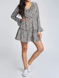 Robe Courte Patineuse à Volants Imprimé Fleurs Printanières - Noir -DADA Vetements Magasin RUBY 518 8